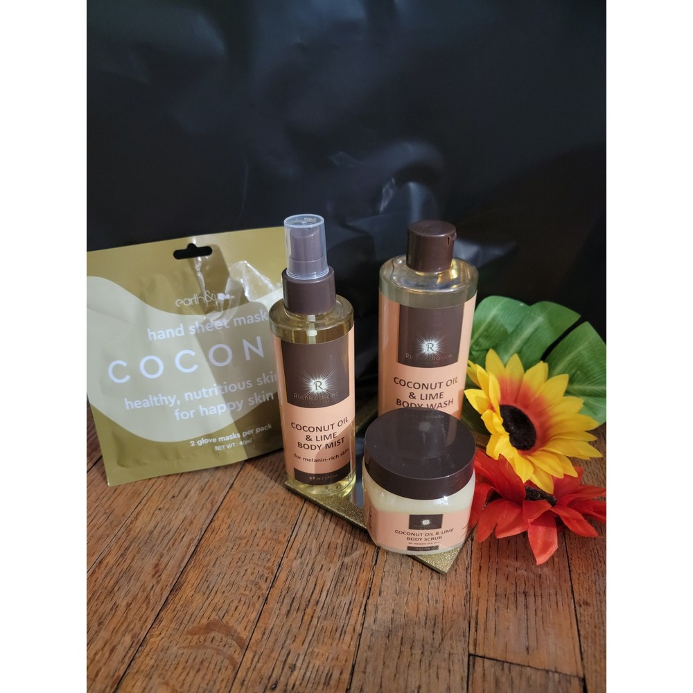 Rich Radiance Coco Oil, Lime Skincare Set Body Wash Scrub Mist 3pc Melanin Skin - Picture 2 of 5